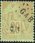 31/07/1886 - Scott: 1. Valor facial: 5 centimes sobre 20 centimes, vermelho sobre verde. Remarcado GAB e sobretaxado � m�o em um selo das Col�nias Francesas (French Colonies).